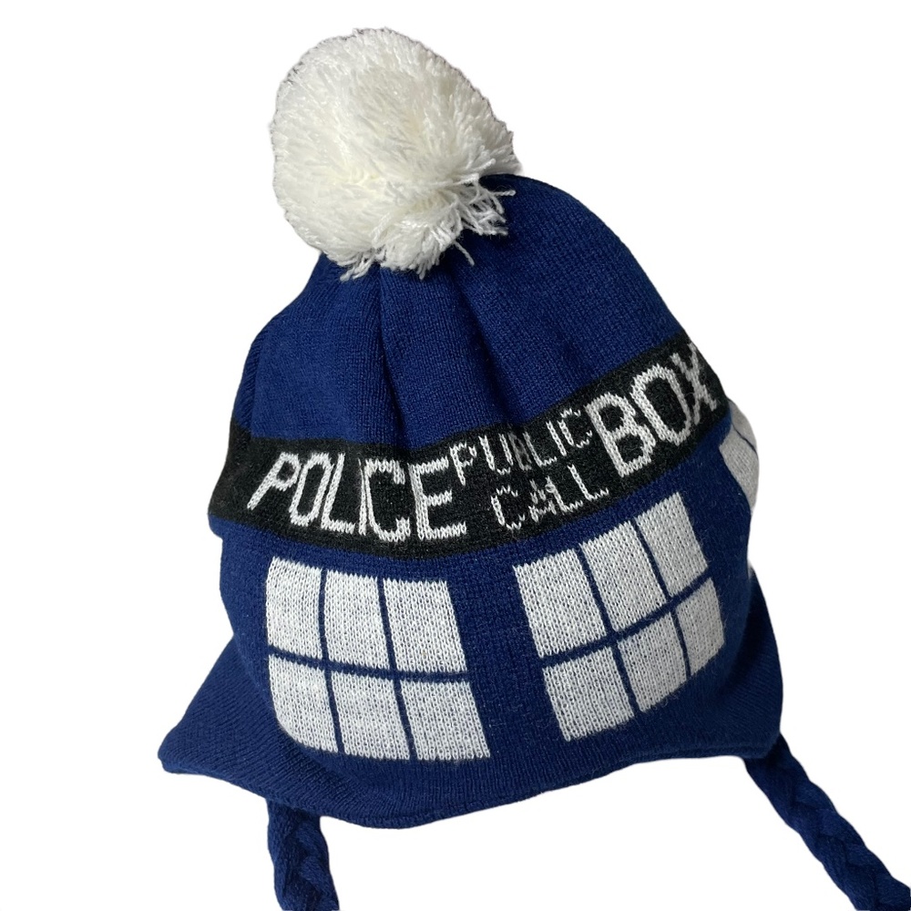 Doctor Who TARDIS Police Box Hat Beanie Pompom Bobble Braided Tassel Long Blue